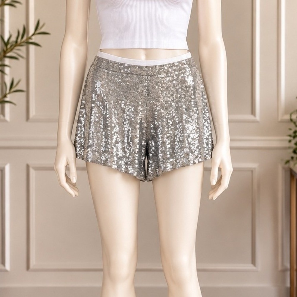 Cynthia Rowley Womens Shorts Silver Sequin High Waisted Party Size 4